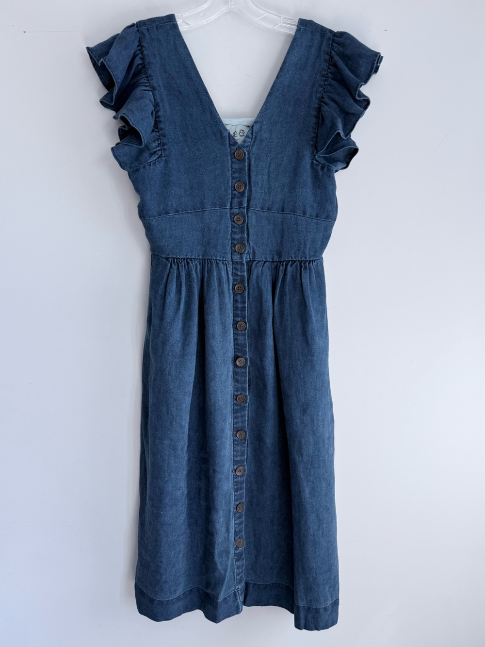 SEA New York Linen Midi Dress Blue Chambray Ruffle Button Front Cottagecore Boho - Picture 8 of 15
